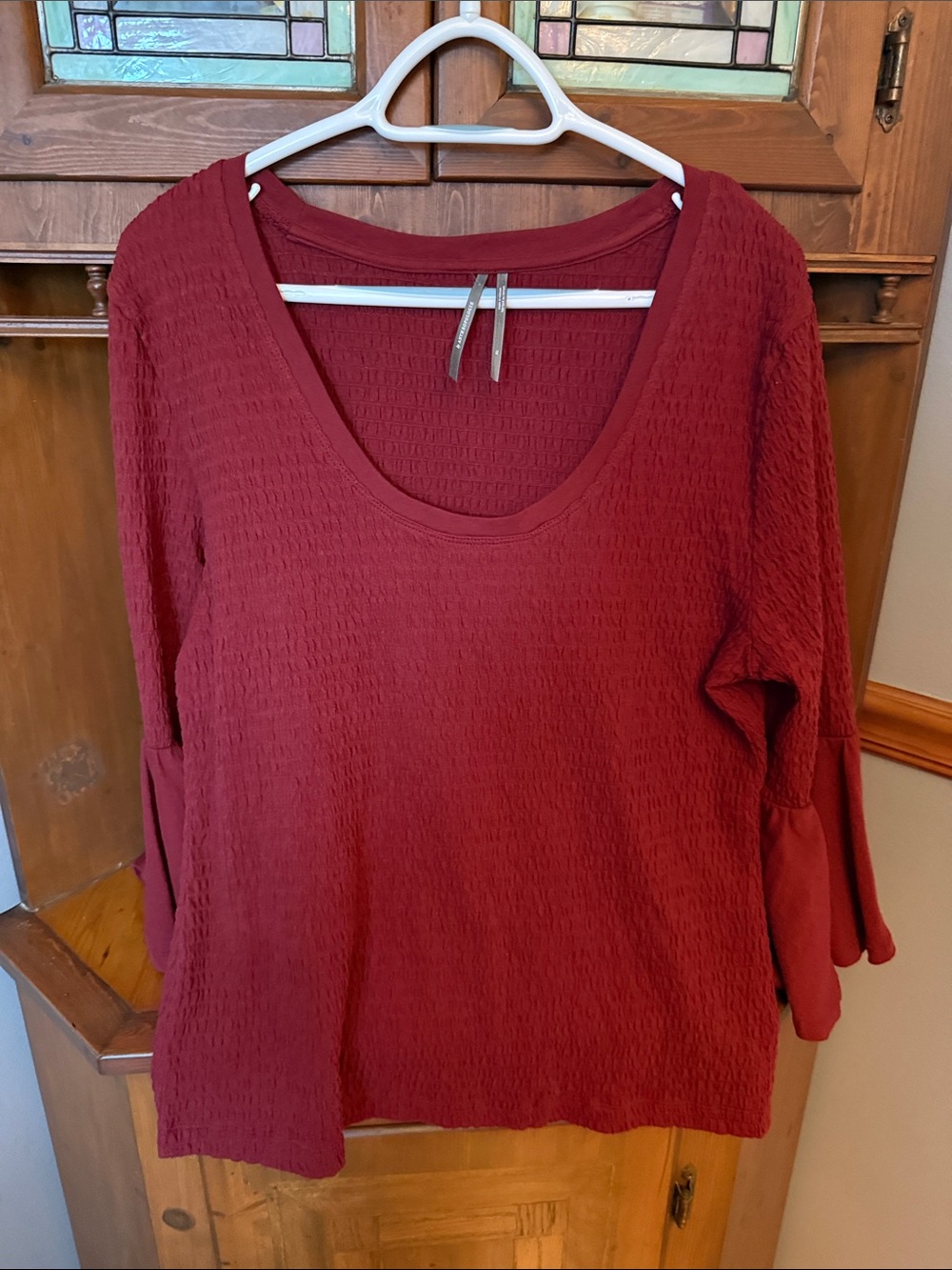 By Anthropologie Smocked Bell Sleeve Top Rust Red Wine Size XL
